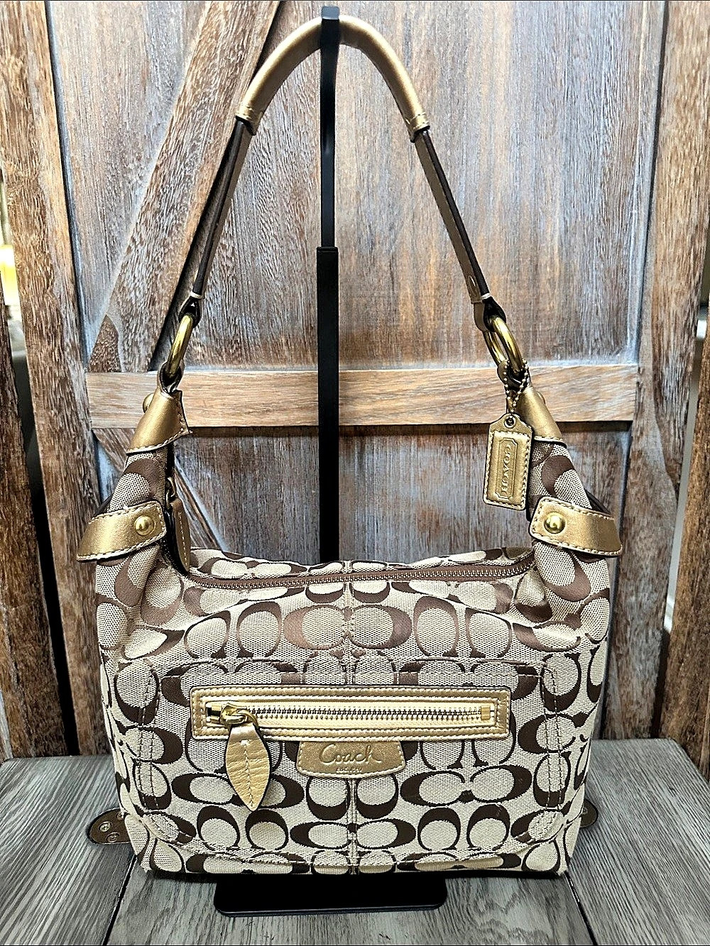 Coach Signature Penelope Soho Hobo Shoulder Bag Gold Leather Trim F14690